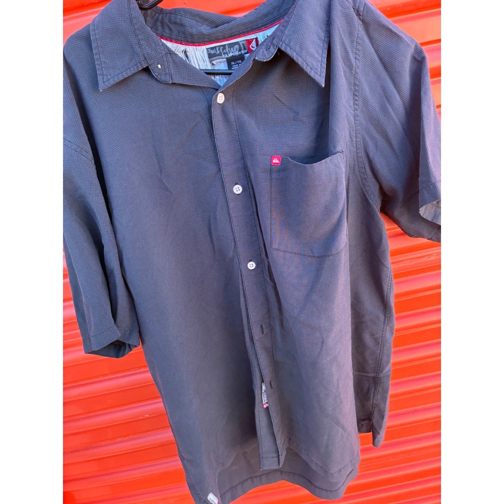 Quiksilver Mens XL Short Sleeve Button Down Shirt Charcoal Grey Micro Grid Surf